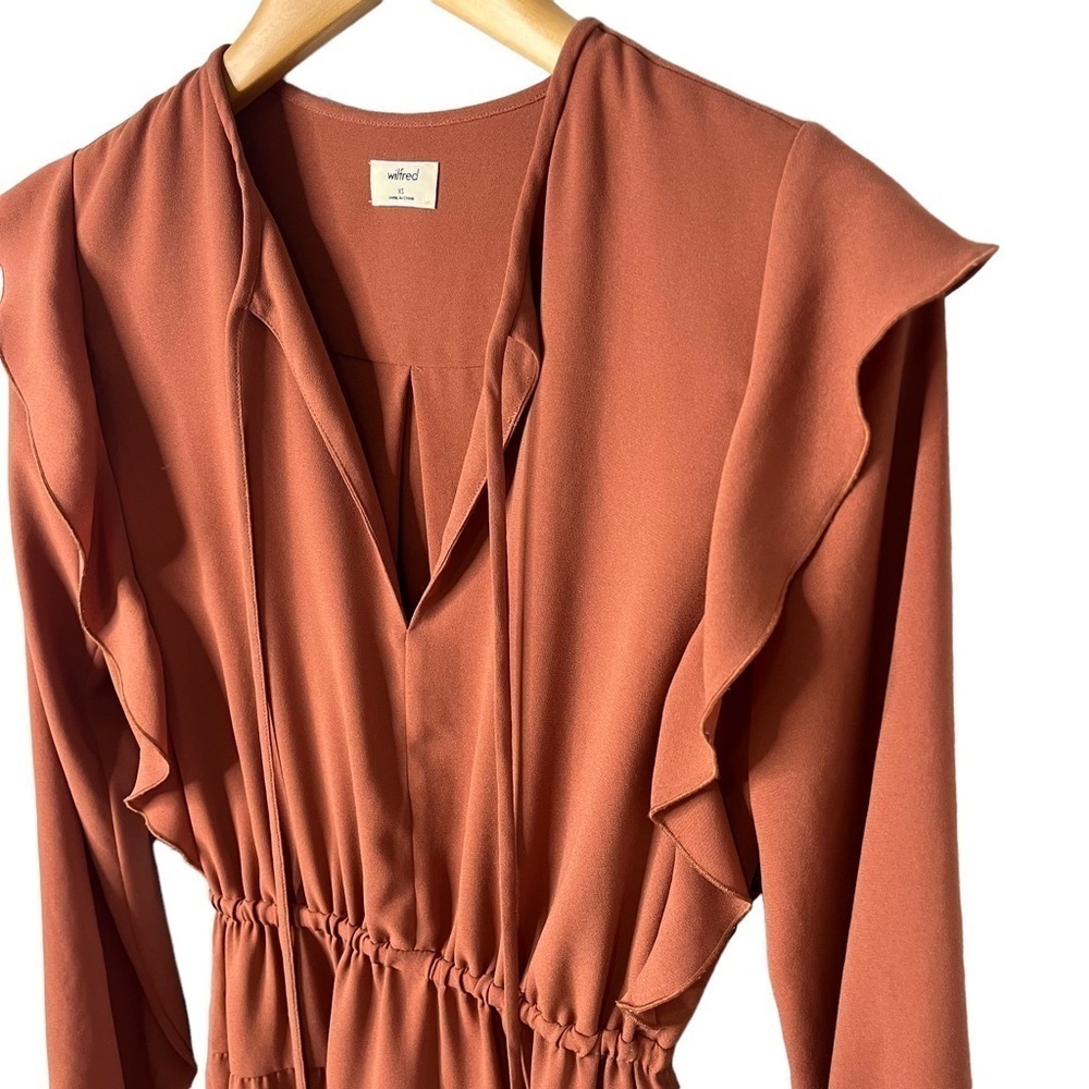 Wilfred Long Sleeve Ruffle Mini Dress Rust Brown Size XS Fall Boho Cinched Waist - Picture 2 of 8